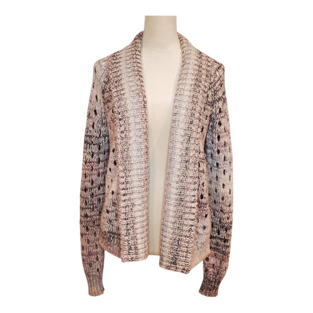 AMERICAN EAGLE Open Weave, Open Front Metallic Purple Gray Cardigan Sweater SZ M
